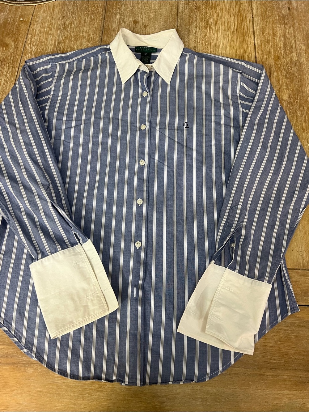 Ralph Lauren Blue and White Striped Dress Shirt with White Collar